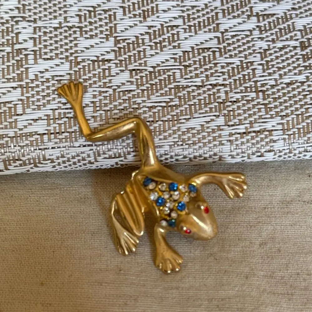 Vintage Gold Frog Brooch with Blue and Red Accents